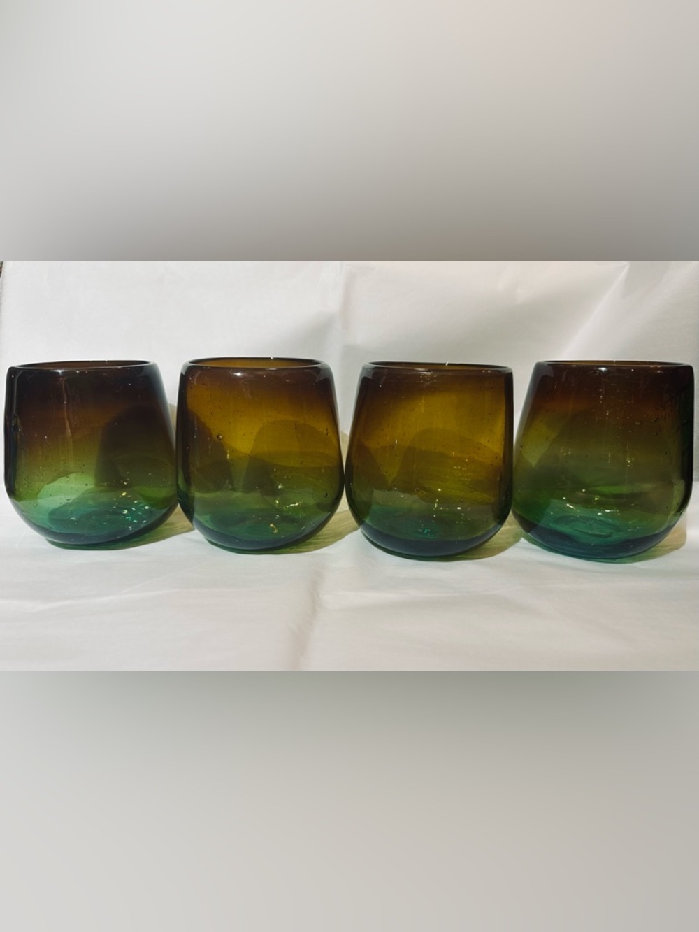 Set of 4 Gradient Amber to Teal Handblown Glass Tumblers Wine Glasses
